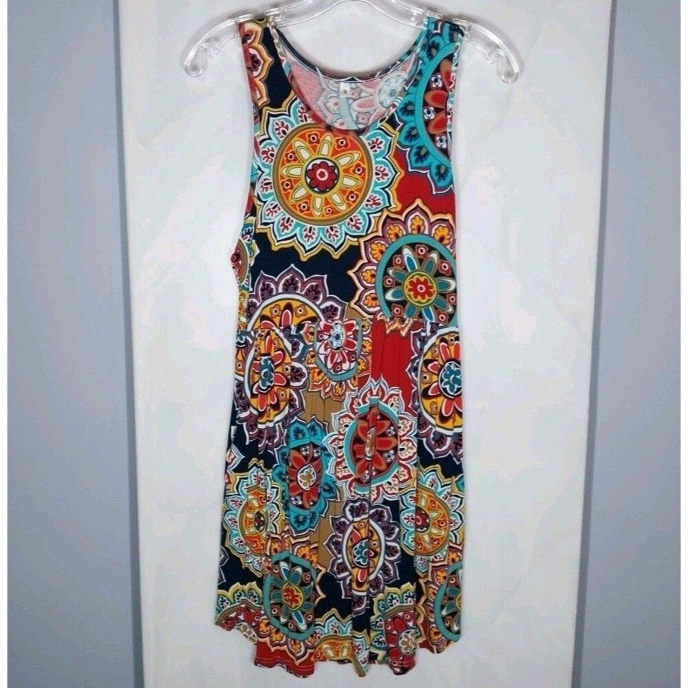 Womens Boho Mandala Swing Dress M Sleeveless Pockets Colorful Stretch Knit